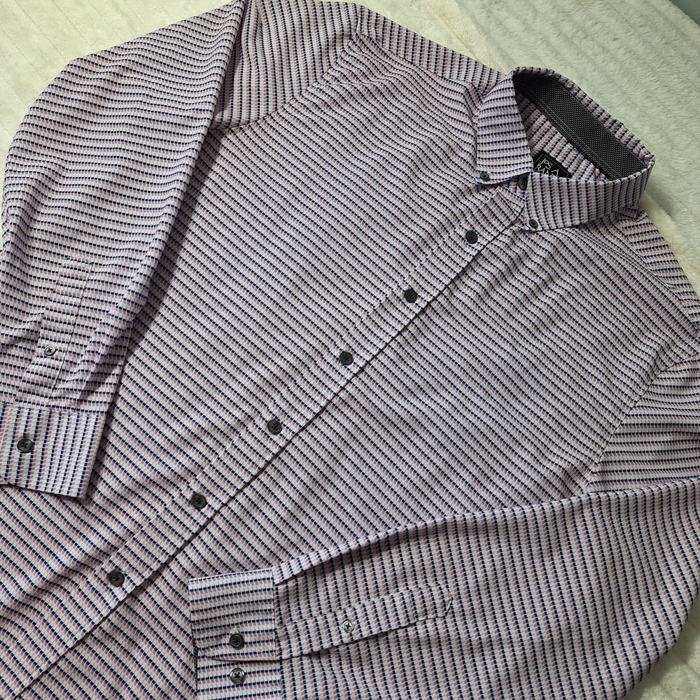 Jos A Bank Traveler Shirt Mens L Performance Blue Pink Geometric Tailored Fit